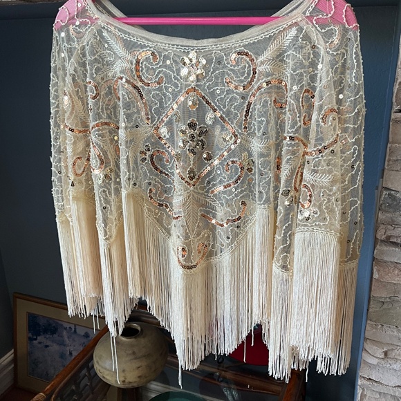 Vintage Bridal Lace Fringe Sequin Wedding Festival Wrap Cape Cream Gold OS - Picture 4 of 5
